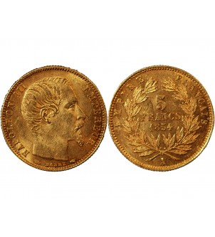 NAPOLEON III - 5 FRANCS OR PETIT MODULE 1854 A PARIS﻿ "Tranche cannelée" 2