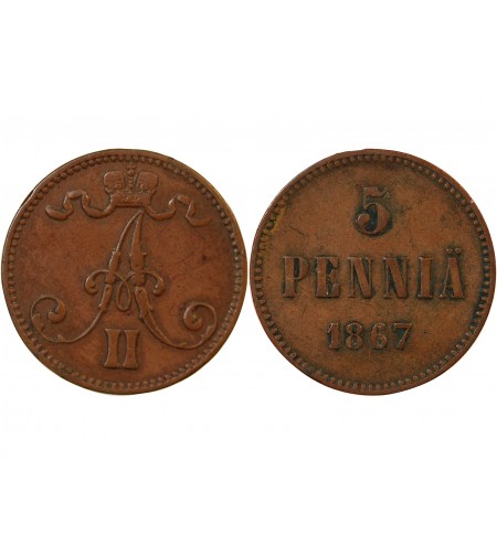 FINLANDE, ALEXANDRE II - 5 PENNIÄ 1867