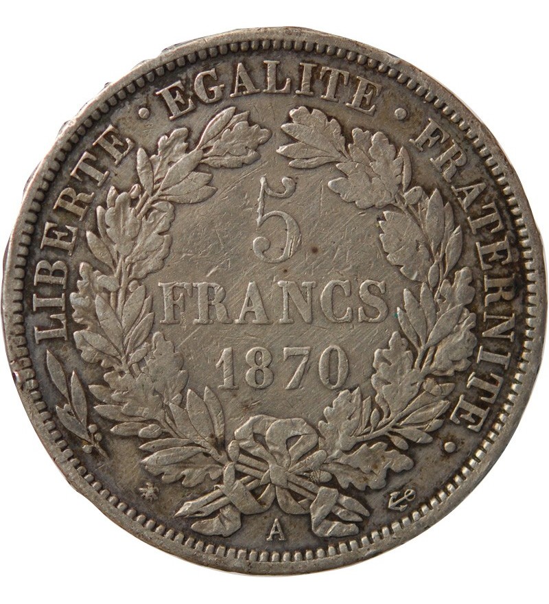 5 FRANCS ARGENT CERES AVEC LEGENDE 1870 A PARIS