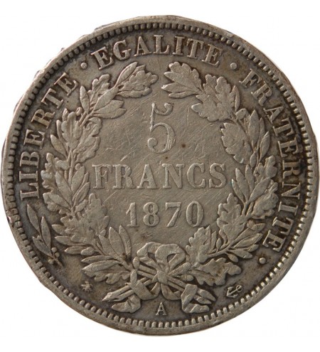 5 FRANCS ARGENT CERES AVEC LEGENDE 1870 A PARIS