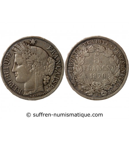 5 FRANCS ARGENT CERES AVEC LEGENDE 1870 A PARIS
