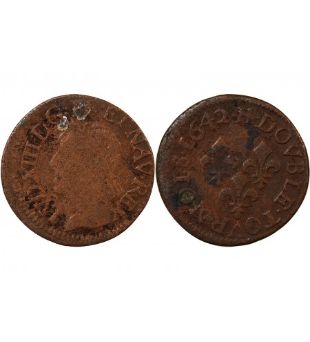LOUIS XIII - DOUBLE TOURNOIS 1642 H LA ROCHELLE