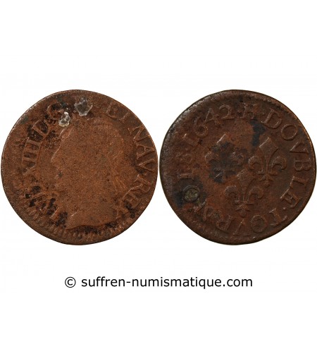 LOUIS XIII - DOUBLE TOURNOIS 1642 H LA ROCHELLE