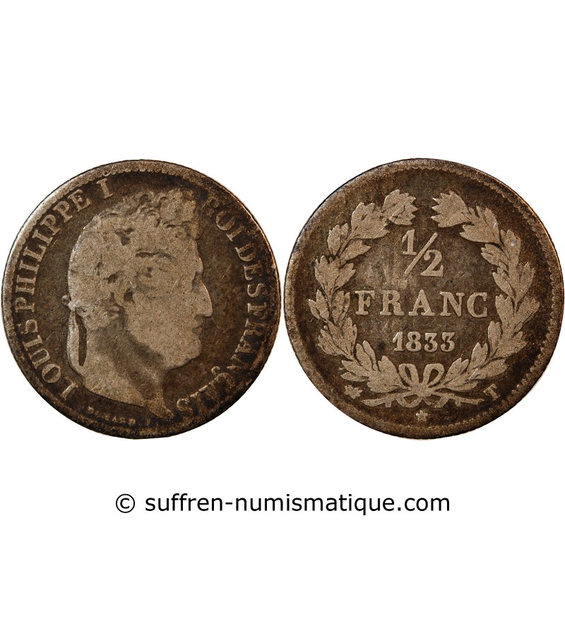 LOUIS-PHILIPPE﻿ Ier - 1/2 FRANC ARGENT 1833 T NANTES - RARE
