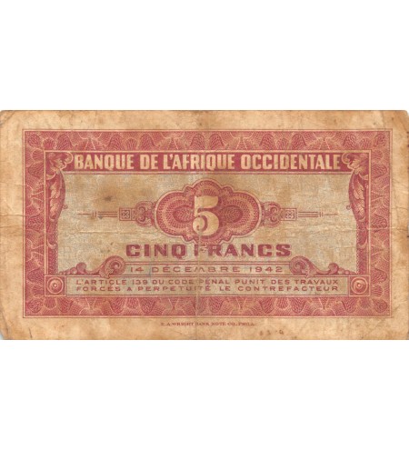BANQUE DE L'AFRIQUE OCCIDENTALE - 5 FRANCS 14-12-1942