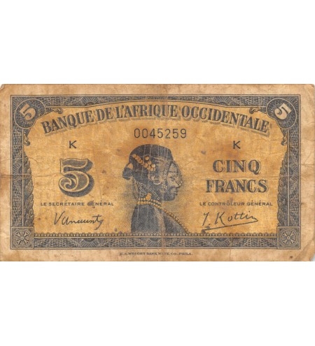 BANQUE DE L'AFRIQUE OCCIDENTALE - 5 FRANCS 14-12-1942