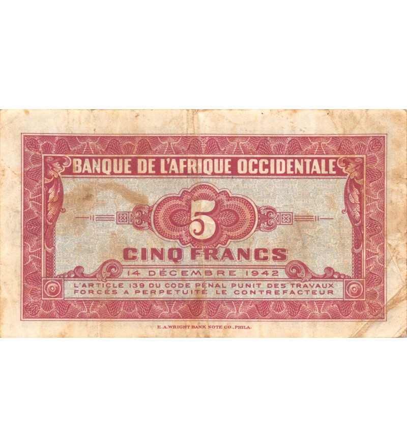 BANQUE DE L'AFRIQUE OCCIDENTALE - 5 FRANCS 14-12-1942