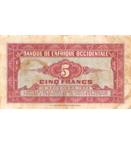 BANQUE DE L'AFRIQUE OCCIDENTALE - 5 FRANCS 14-12-1942