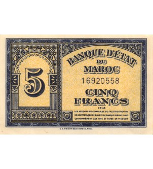 BANQUE D'ETAT DU MAROC - 5 FRANCS 01-08-1943 2