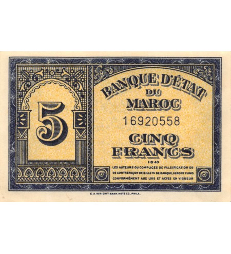 BANQUE D'ETAT DU MAROC - 5 FRANCS 01-08-1943