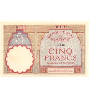 BANQUE D'ETAT DU MAROC - 5 FRANCS 01-08-1922