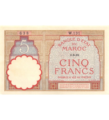BANQUE D'ETAT DU MAROC - 5 FRANCS 01-08-1922