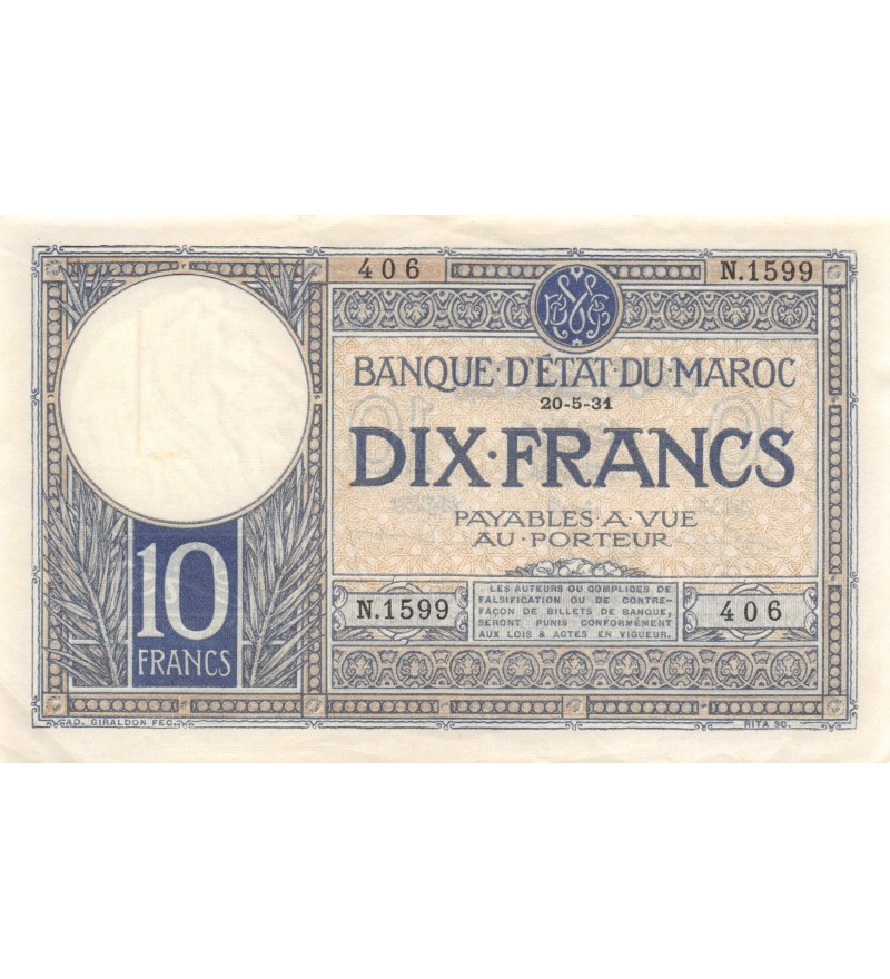 BANQUE D'ETAT DU MAROC - 10 FRANCS 20-05-1931