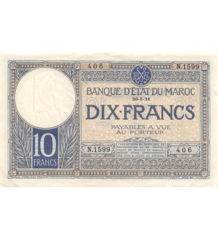 BANQUE D'ETAT DU MAROC - 10 FRANCS 20-05-1931