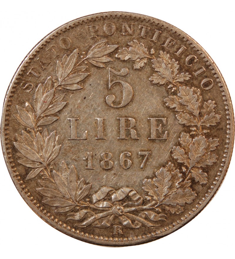 VATICAN, PIE IX - 5 LIRE 1867 R ROME RARE