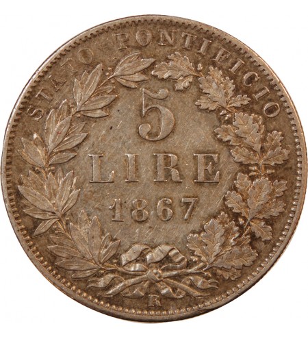 VATICAN, PIE IX - 5 LIRE 1867 R ROME RARE
