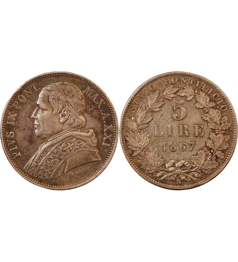 VATICAN, PIE IX - 5 LIRE 1867 R ROME RARE