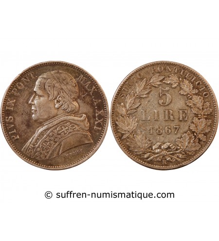 VATICAN, PIE IX - 5 LIRE 1867 R ROME RARE
