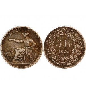 SUISSE - 5 FRANCS ARGENT 1874 B. BRUXELLES 2