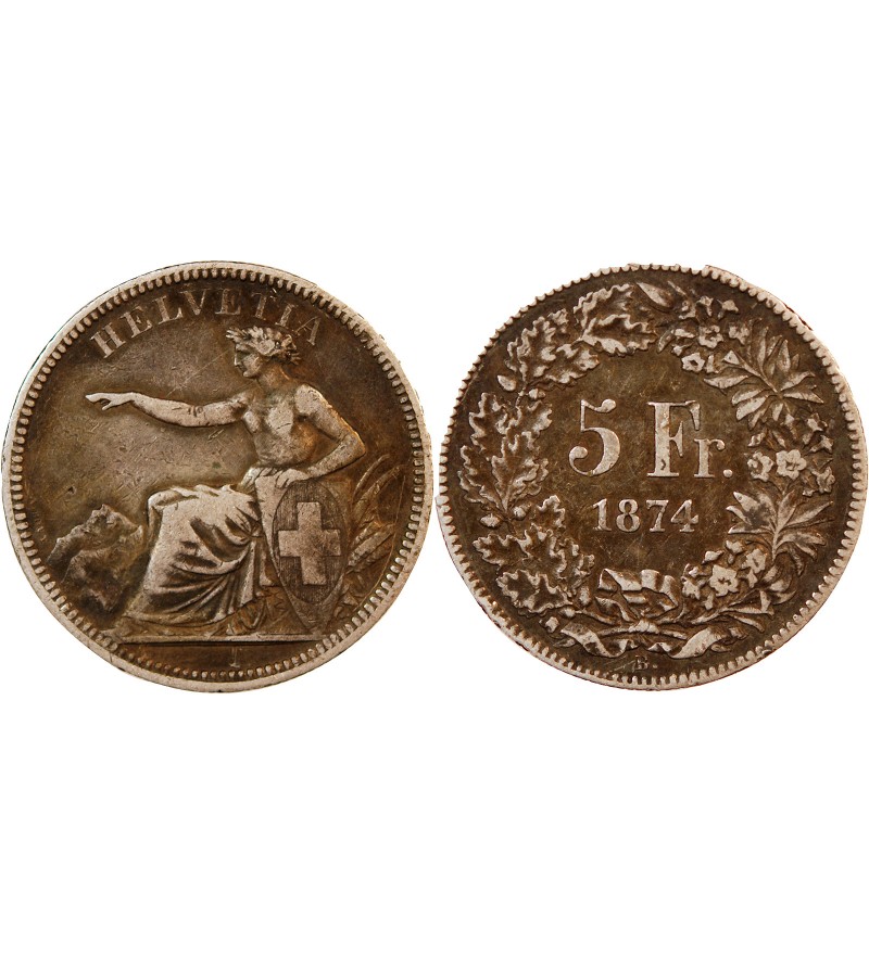 SUISSE - 5 FRANCS ARGENT 1874 B. BRUXELLES