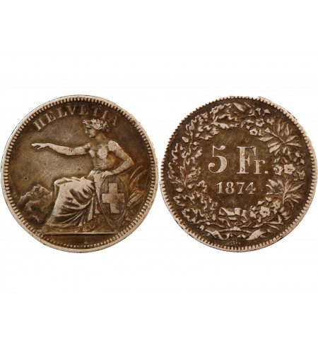 SUISSE - 5 FRANCS ARGENT 1874 B. BRUXELLES
