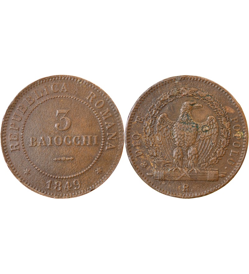 ITALIE, REPUBLIQUE ROMAINE - 3 BAIOCCHI 1849 R ROME