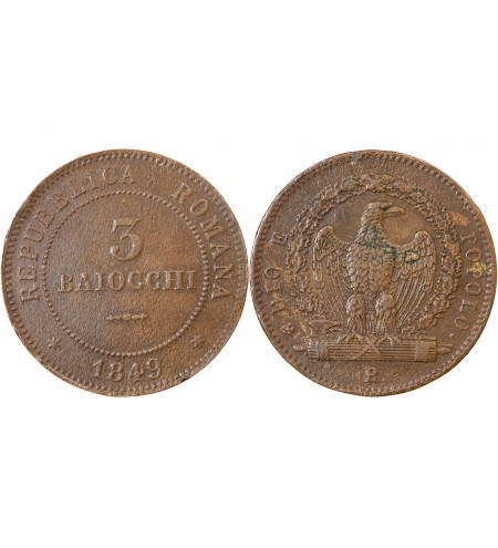 ITALIE, REPUBLIQUE ROMAINE - 3 BAIOCCHI 1849 R ROME