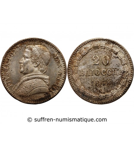 VATICAN - PIE IX 20 BAIOCCHI ARGENT 1848 III R ROME