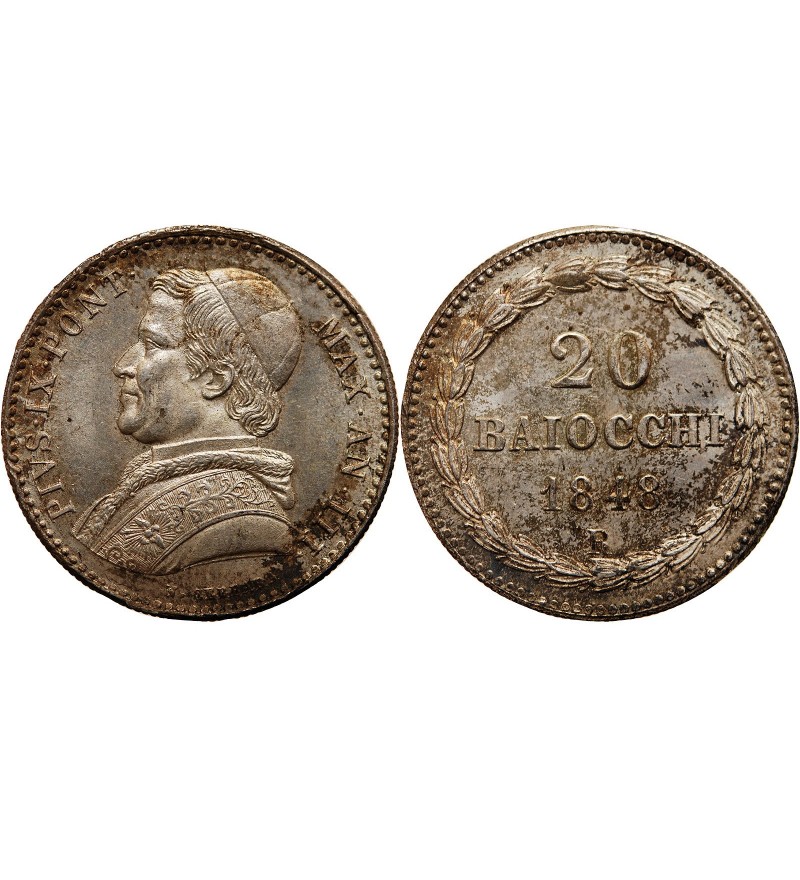 VATICAN - PIE IX 20 BAIOCCHI ARGENT 1848 III R ROME