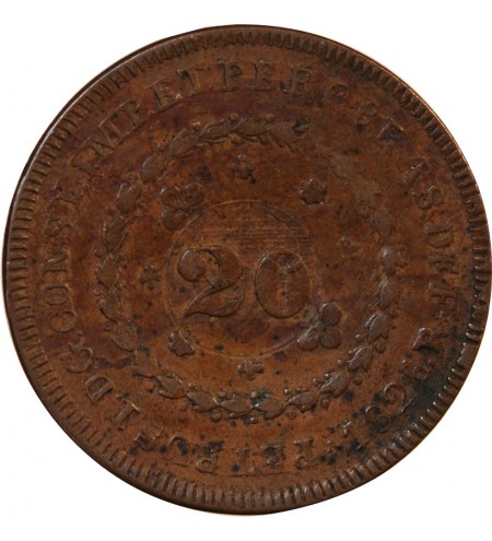 BRESIL, PEDRO I - 20 REIS CONTREMARQUE SUR 40 REIS 1826 R RIO