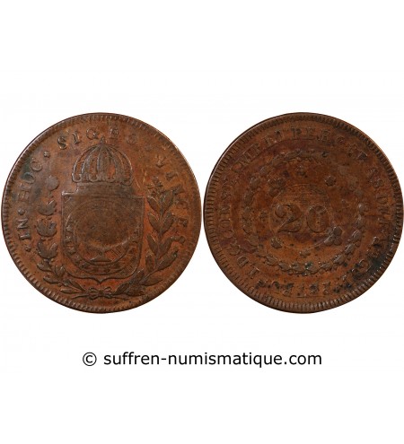 BRESIL, PEDRO I - 20 REIS CONTREMARQUE SUR 40 REIS 1826 R RIO