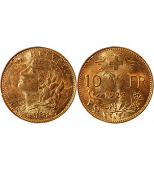 SUISSE, CONFEDERATION HELVETIQUE - 10 FRANCS OR 1922 B 2