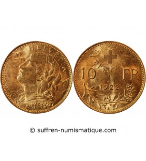 SUISSE, CONFEDERATION HELVETIQUE - 10 FRANCS OR 1922 B