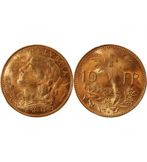 SUISSE, CONFEDERATION HELVETIQUE - 10 FRANCS OR 1922 B 2