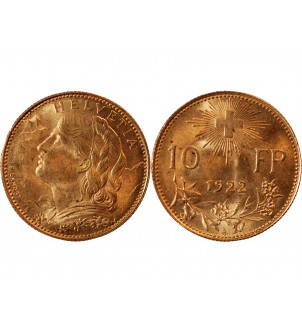 SUISSE, CONFEDERATION HELVETIQUE - 10 FRANCS OR 1922 B 2
