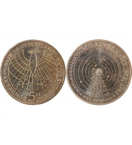 ALLEMAGNE - 5 MARK ARGENT 1973 J HAMBOURG - NICOLAS COPERNIC