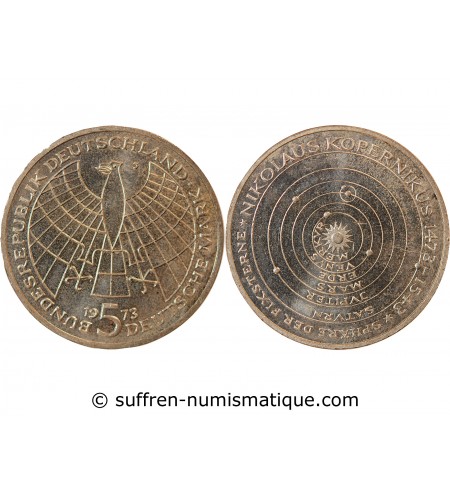 ALLEMAGNE - 5 MARK ARGENT 1973 J HAMBOURG - NICOLAS COPERNIC