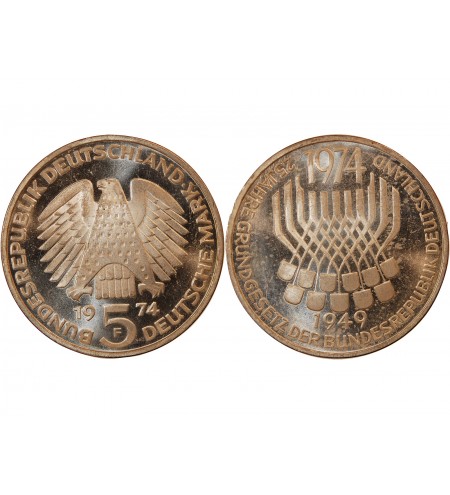 ALLEMAGNE - 5 MARK ARGENT 1974 F STUTTGART - CONSTITUTION