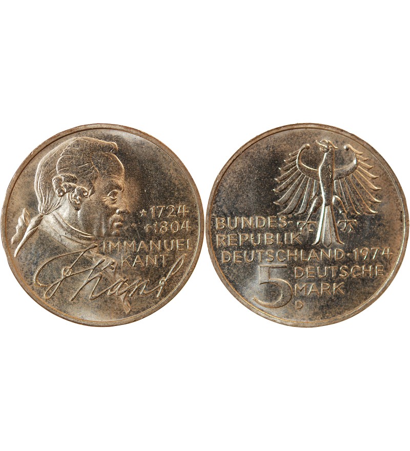 ALLEMAGNE - 5 MARK ARGENT 1974 D MUNICH - IMMANUEL KANT