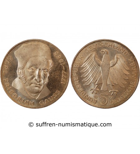 ALLEMAGNE - 5 MARK ARGENT 1977 J HAMBOURG - CARL FRIEDRICH GAUSS