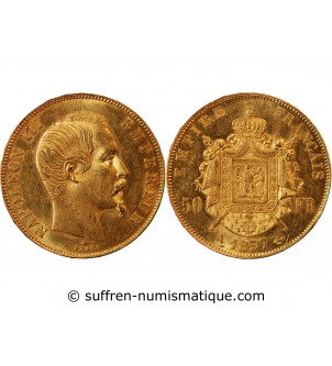 NAPOLEON III ﻿- 50 FRANCS OR 1857 A PARIS﻿  TETE NUE 1857 A PARIS﻿