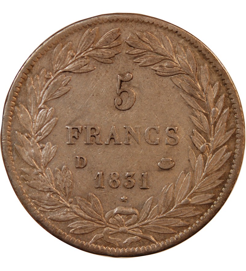 LOUIS PHILIPPE﻿ - 5 FRANCS ARGENT 1831 D LYON "Type Tiolier avec le I, Tr creux"