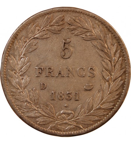 LOUIS PHILIPPE﻿ - 5 FRANCS ARGENT 1831 D LYON "Type Tiolier avec le I, Tr creux"