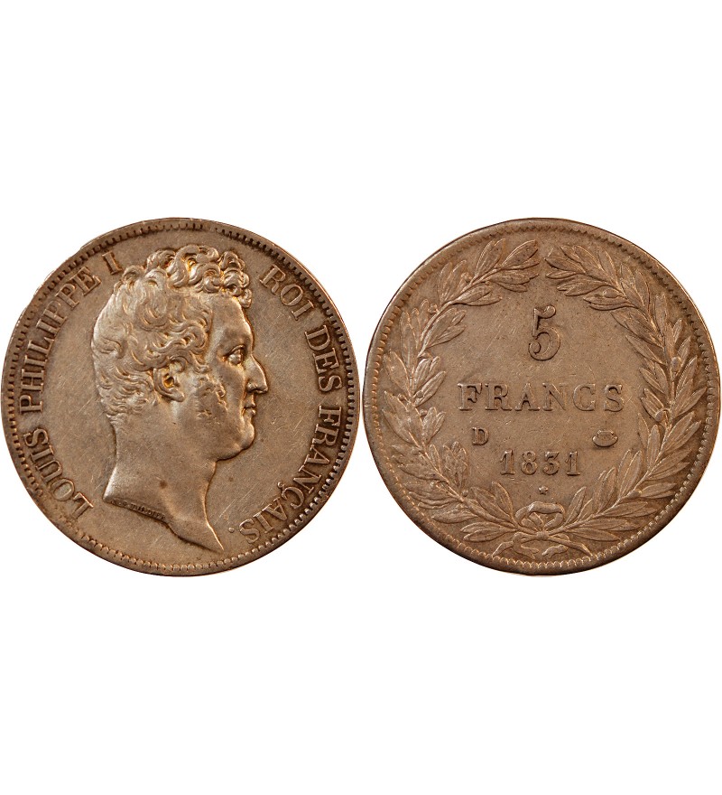 LOUIS PHILIPPE﻿ - 5 FRANCS ARGENT 1831 D LYON "Type Tiolier avec le I, Tr creux"