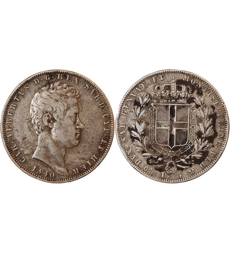 ITALIE, ROYAUME DE SARDAIGNE, CHARLES-ALBERT - 5 LIRE ARGENT 1840 P ANCRE GÊNES