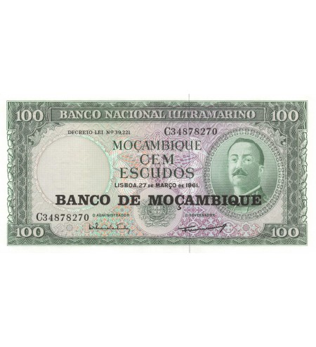 MOZAMBIQUE - 100 ESCUDOS 27-03-1961 - FILIGRANE BLASON