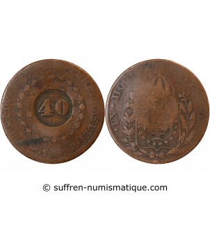 BRESIL, PEDRO I - 40 REIS CONTREMARQUE SUR 80 REIS 1829 B