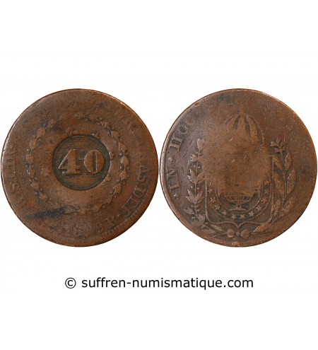 BRESIL, PEDRO I - 40 REIS CONTREMARQUE SUR 80 REIS 1829 B