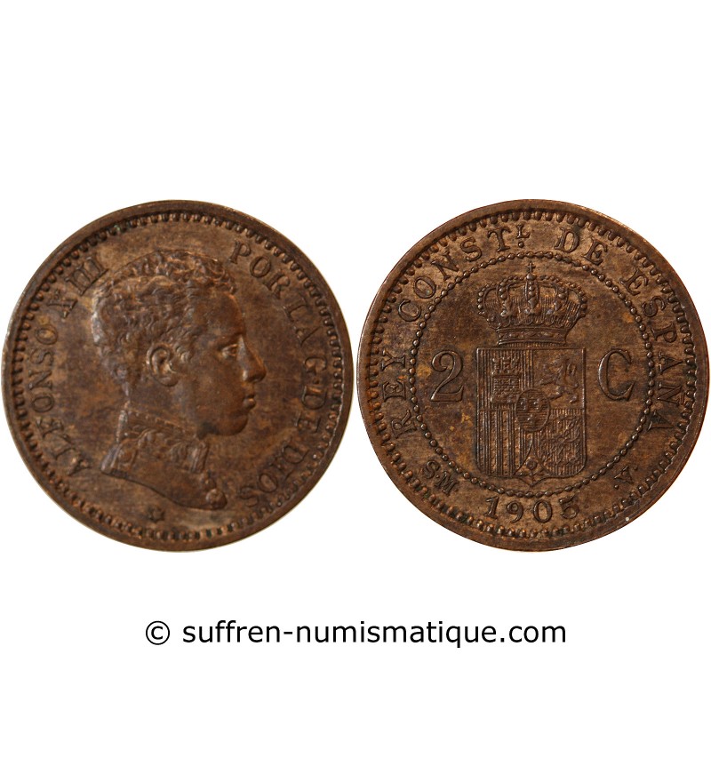 ESPAGNE, ALFONSO XIII - 2 CENTIMOS 1905 SMV