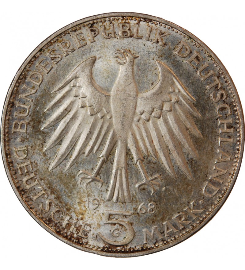 ALLEMAGNE - 5 MARK ARGENT 1968 G KARLSRUHE - GUTEMBERG